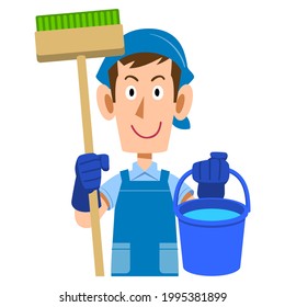 Upper body of a man holding a cleaning tool and wearing an apron