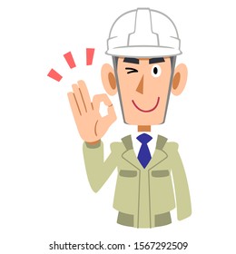 Upper body of a man wearing a helmet wearing a helmet that gives an OK sign