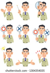 The upper body of a man wearing work clothes, 9 types of facial expressions and gestures 2
