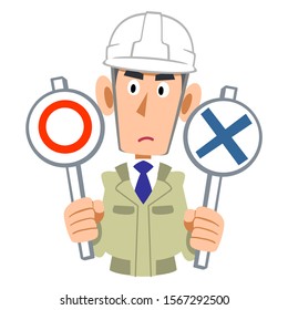 Upper body of a man wearing a work clothes wearing a helmet that thinks about the correct answer