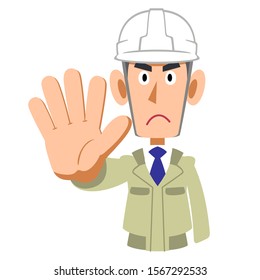 Upper body of a man wearing work clothes wearing a helmet to stop