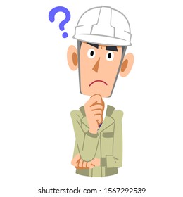 Upper body of a man wearing a work clothes wearing a helmet with doubts