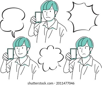 The upper body of a man who talks on a smartphone with various facial expressions with a balloon