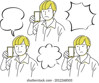 The upper body of a man who talks on a smartphone with various facial expressions with a balloon