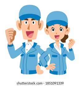 Upper body of men and women wearing blue work clothes that guts pose back to back