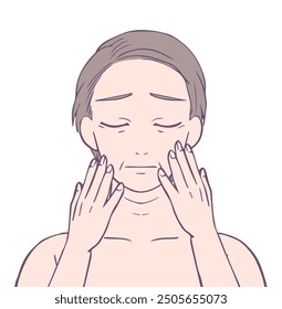 Upper body of middle woman with closed eyes and troubled face, Beauty Illustration.