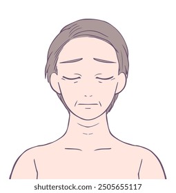 Upper body of middle woman with closed eyes and troubled face, Beauty Illustration.