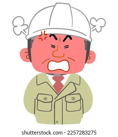 El cuerpo superior de un hombre de mediana edad vestido con ropa de trabajo y un casco que se enfada con la cara enrojecida
