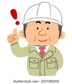 The upper body of a middle-aged man wearing work clothes and a helmet, raising his index finger