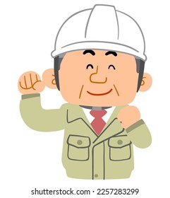 The upper body of a middle-aged man wearing work clothes and a helmet with a full smile