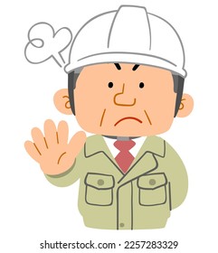 The upper body of a middle-aged man wearing work clothes and a helmet, showing a gesture of refusal