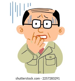 The upper body of a middle-aged man in work clothes who becomes uneasy
