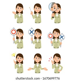 Upper body of office worker woman wearing work clothes9 different facial expressions and gestures