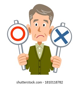 Upper body of senior man with correct and incorrect answers