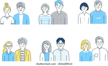 Upper body set of multiple smiling couples