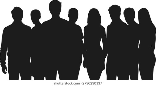 Silhuetas da parte superior do corpo de oito indivíduos diversos, incluindo homens e mulheres, de pé juntos contra um fundo branco claro.