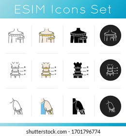 Upper body sizing icons set. Linear, black and RGB color styles. Shoulders, upper arm, female bust, waist and hips circumferences. Tailoring parameters. Isolated vector illustrations