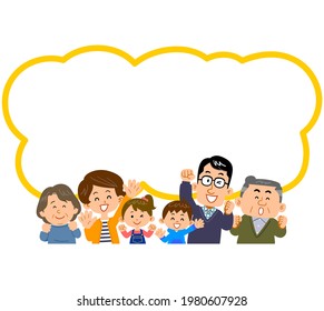 Upper body and speech bubble of a three-generation family