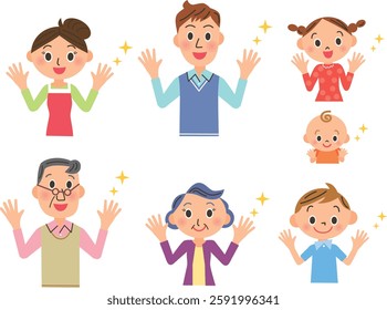 An upper body three-generation family doing hand hygiene with their hands outstretched