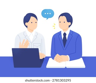 Upper body vector illustration of a businessman and a site manager discussing while looking at a laptop