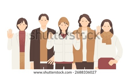 Upper body vector illustration of a group of 5 friends in winter clothes with scarves and hats posing