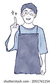 Upper body watercolor hand-drawn illustration of Asian man in apron smiling and winking, pointing with index finger, concept of idea