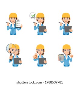 Upper body of a woman at a construction site with a magnifying glass and documents