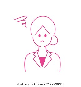 Upper body of a woman with a troubled face wearing a white coat.