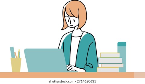 Corpo superior da mulher que trabalha usando o laptop - trabalho de mesa, uma pessoa, 20s 30s