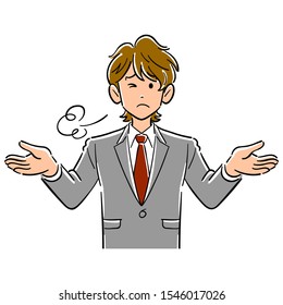 Upper body of a young brown-haired businessman sighing with open arms