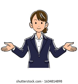 Upper body of young business woman sighing with open arms
