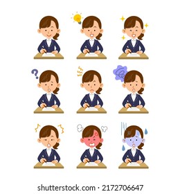 Upper body of a young female employee filling out documents 9 different facial expressions and poses