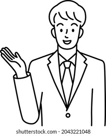 Upper body of a young man in a suit raising his right hand (line)