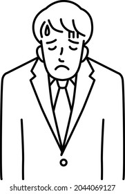 Upper body of a young man in a suit drooping his shoulders in disappointment (line)