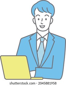 Upper body of a young man in a suit using a laptop (colored).