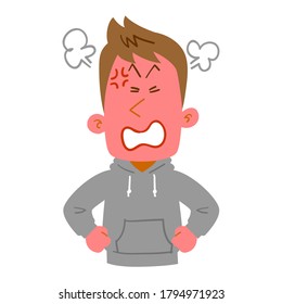 Der Oberkörper eines jungen Mannes, der einen wütenden Hoodie trägt