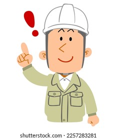 Oberkörper eines jungen Mannes, der Arbeitskleidung und Helm trägt und seinen Zeigefinger anhebt