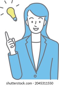 Upper body of a young woman in a suit coming up with an idea (colored)