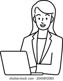 Upper body of a young woman in a suit using a laptop (line)