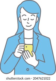 Upper body of a young woman in a suit playing with her phone (colored)