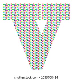 the upper case alphabet letter V in small multicolored polka dots