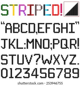 Upper case alphabets, numerals and punctuation characters in computer font with vertical stripes. Top right box has spare stripes to change or create new characters. Lower case (ID:253946764)