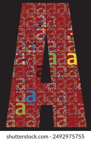 Upper case dark red letter 'A', filled with smaller random colored letter 'a's 