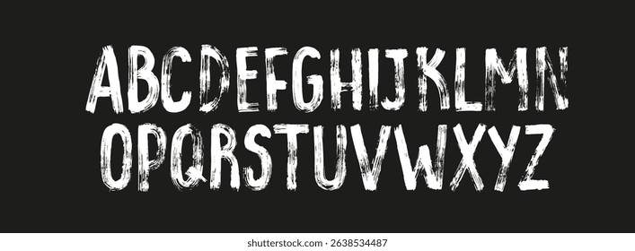 Upper case handwritten alphabet. Cute cartoon letters. School blackboard with ABC. Line font. Capital letters. Grunge brush stroke texture. Hand painted alphabet.