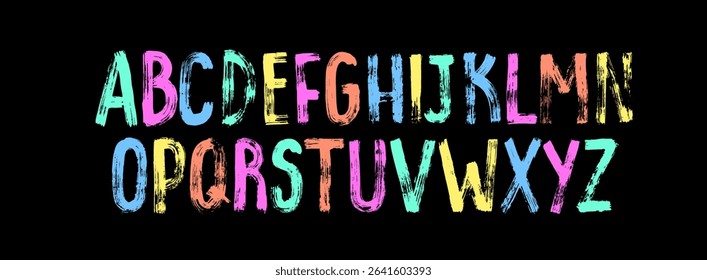 Upper case handwritten alphabet. Cute cartoon letters. School blackboard with ABC. Line font. Capital letters. Grunge brush stroke texture. Hand painted alphabet.