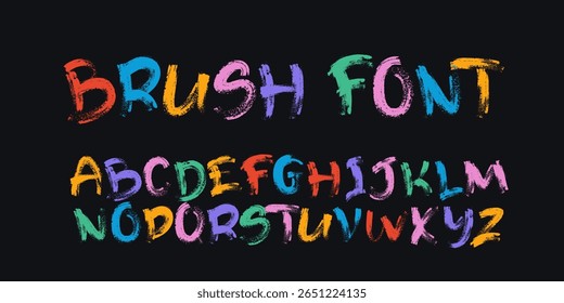 Alfabeto manuscrito em maiúsculas. Letras bonitas de pincel de desenhos animados. Quadro negro escolar com ABC. Fonte da linha. Letras maiúsculas. Textura do traçado do pincel de Grunge. Alfabeto pintado à mão.