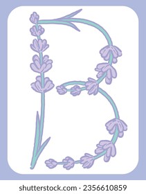 Upper case letter. "B". Lavender flower font. Vector illustration.