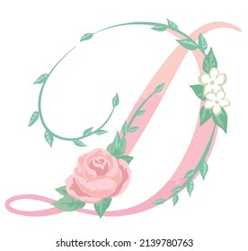 Upper case letter. "D". Floral font. Vector illustration.