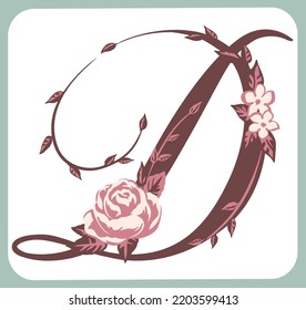 Großbuchstabe. "D". Blumenschrift. Vektorgrafik.