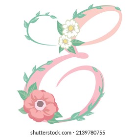 Letra mayúscula. "E". Fuente floral. Ilustración vectorial.